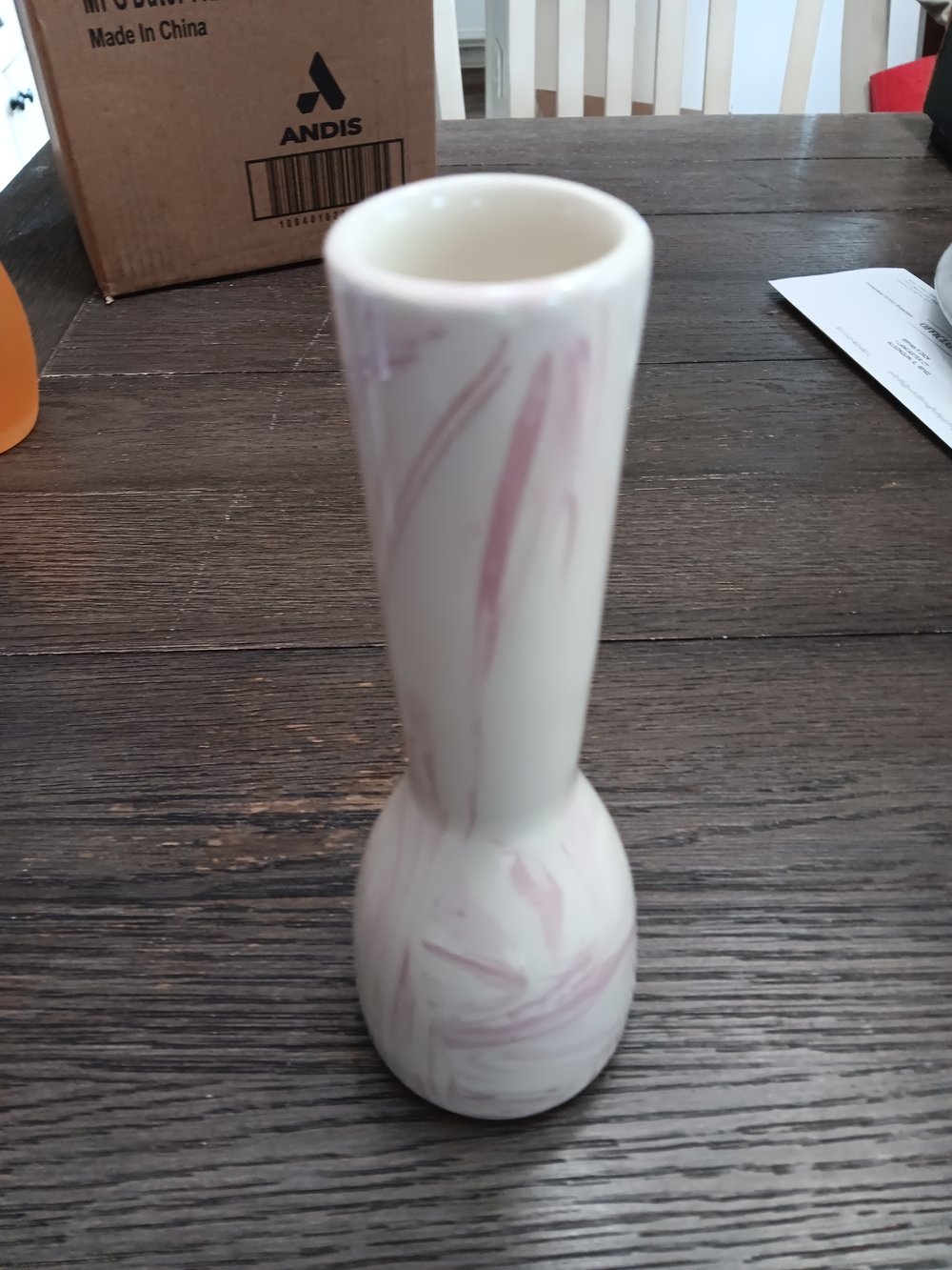 Unk White Ceramic Vase with Pink Brushstroke Accents